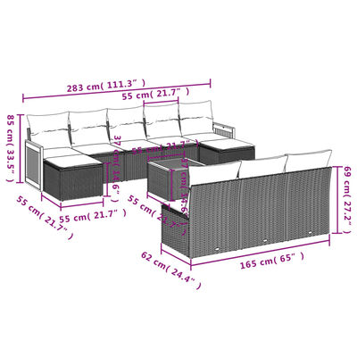 vidaXL 11 pcs conjunto sofás de jardim c/ almofadões vime PE bege