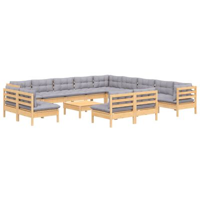 vidaXL 14 pcs conj. lounge de jardim c/ almofadões cinza pinho maciço