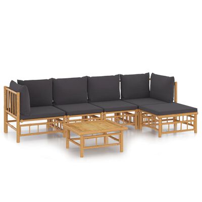 vidaXL 6 pcs conjunto lounge jardim bambu c/ almofadões cinza-escuro