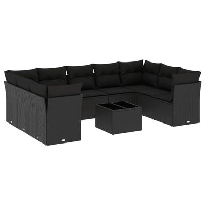 vidaXL 10 pcs conjunto sofás de jardim c/ almofadões vime PE preto