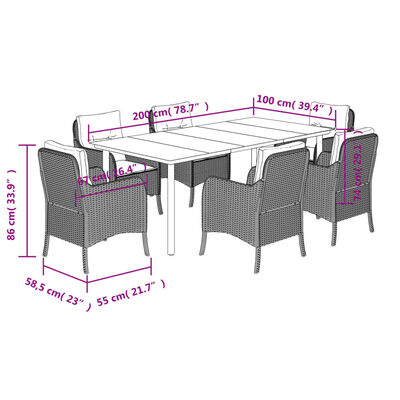 vidaXL 7 pcs conjunto de jantar p/ jardim c/ almofadões vime PE cinza