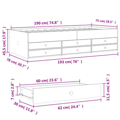 vidaXL Sofá-cama com gavetas sem colchão 75x190 cm cinzento cimento