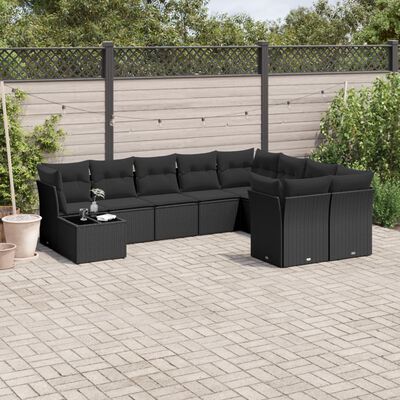 vidaXL 10 pcs conjunto sofás de jardim c/ almofadões vime PE preto