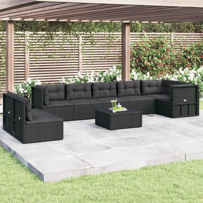 vidaXL 8 pcs conjunto lounge de jardim c/ almofadões vime PE preto