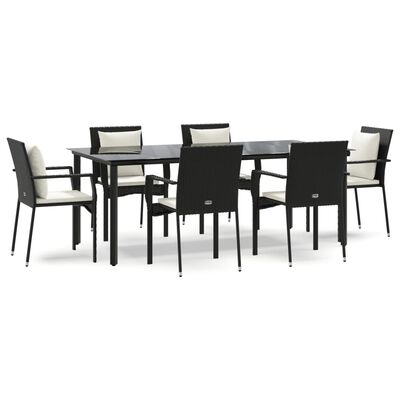 vidaXL 7 pcs conjunto de jantar p/ jardim c/ almofadões vime PE preto