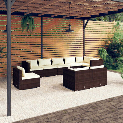 vidaXL 9 pcs conjunto lounge de jardim c/ almofadões vime PE castanho