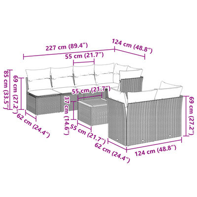 vidaXL 8 pcs conjunto sofás de jardim c/ almofadões vime PE cinzento