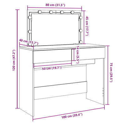 vidaXL Toucador com LED 100x40x120 cm carvalho fumado