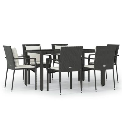 vidaXL 7 pcs conjunto de jantar p/ jardim c/ almofadões vime PE preto