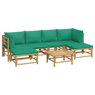 vidaXL 7 pcs conjunto lounge de jardim bambu c/ almofadões verdes