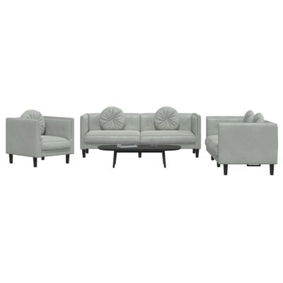 vidaXL 3 pcs conjunto de sofás com almofadas veludo cinzento-claro