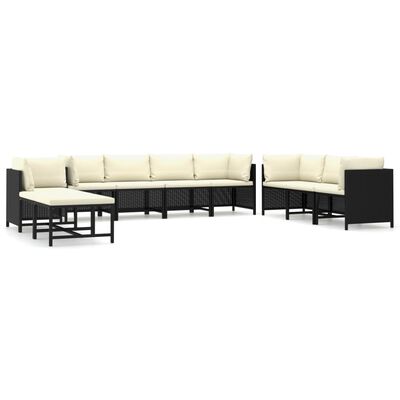 vidaXL 10 pcs conjunto lounge de jardim c/ almofadões vime PE preto