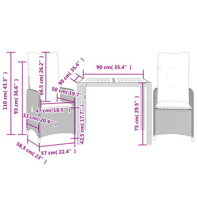 vidaXL 3 pcs conjunto de bistrô para jardim c/ almofadões vime PE bege