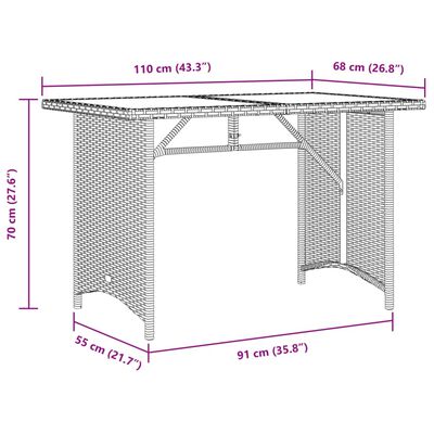 vidaXL Mesa de jardim com tampo de vidro 110x68x70 cm vime PE castanho