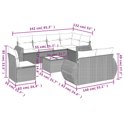 vidaXL 9 pcs conjunto de sofás p/ jardim c/ almofadões vime PE preto