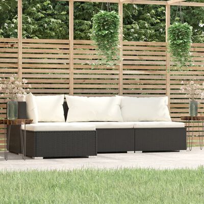 vidaXL 4 pcs conjunto lounge de jardim c/ almofadões vime PE preto