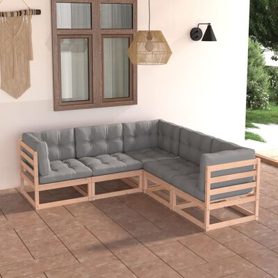 vidaXL 5 pcs conjunto lounge de jardim c/ almofadões pinho maciço