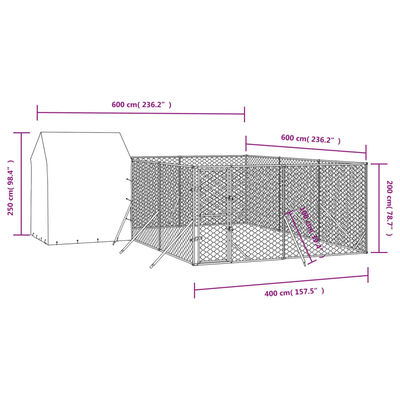 vidaXL Canil de exterior com teto 6x6x2,5 m aço galvanizado prateado