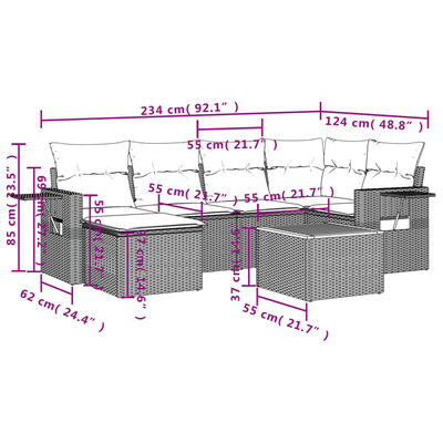 vidaXL 7 pcs conj. sofás jardim c/ almofadões vime PE bege misturado