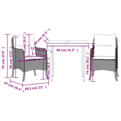 vidaXL 3 pcs conjunto de jantar p/ jardim c/ almofadões vime PE cinza