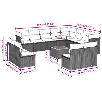 vidaXL 13 pcs conjunto de sofás de jardim com almofadões vime PE preto