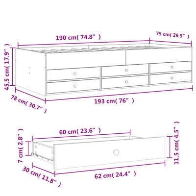 vidaXL Sofá-cama com gavetas sem colchão 75x190 cm carvalho castanho