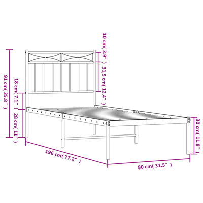 vidaXL Estrutura de cama com cabeceira 75x190 cm metal branco