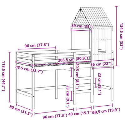 vidaXL Cama alta c/ escada e telhado 80x200 cm pinho maciço