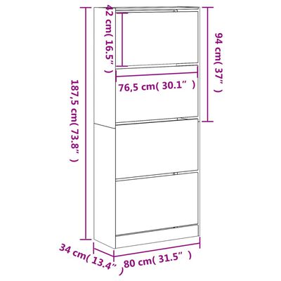 vidaXL Sapateira 4 gavetas articuladas 80x34x187,5 cm carvalho fumado