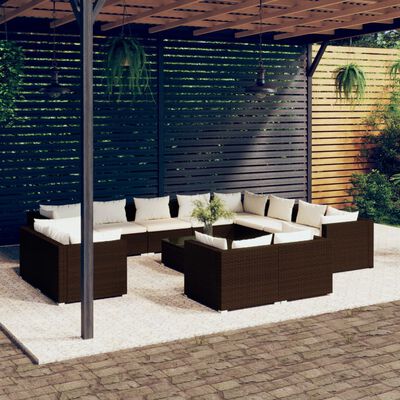 vidaXL 13 pcs conjunto lounge de jardim c/ almofadões vime PE castanho