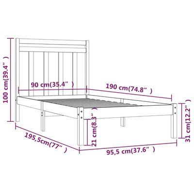 vidaXL Estrutura cama de solteiro 90x190 cm madeira maciça branco