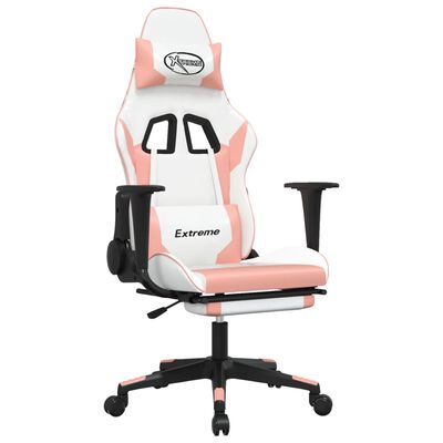 vidaXL Cadeira gaming massagens c/ apoio pés couro artif. branco/rosa