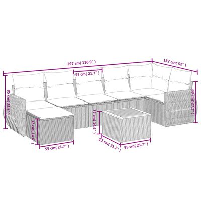 vidaXL 8 pcs conjunto sofás de jardim com almofadões vime PE preto