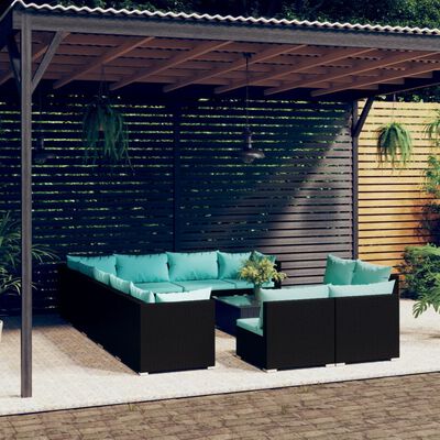 vidaXL 13 pcs conjunto lounge de jardim c/ almofadões vime PE preto