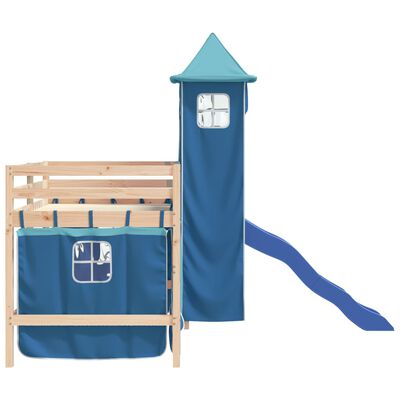 vidaXL Cama alta para criança com torre 90x200 cm pinho maciço azul