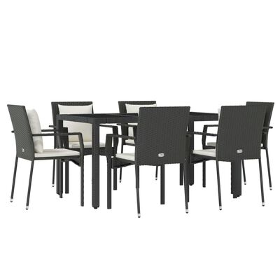 vidaXL 7 pcs conjunto de jantar p/ jardim c/ almofadões vime PE preto