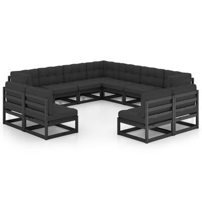 vidaXL 11 pcs conjunto longue jardim c/ almofadões pinho maciço preto