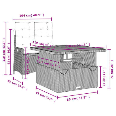 vidaXL 2 pcs conjunto de jantar p/ jardim c/ almofadões vime PE preto