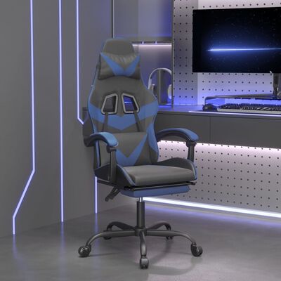 vidaXL Cadeira gaming giratória c/ apoio pés couro artif. preto/azul