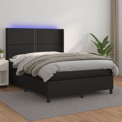 vidaXL Cama box spring c/ colchão/LED 140x200cm couro artificial preto