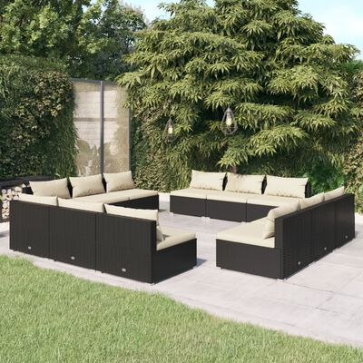 vidaXL 12 pcs conjunto lounge de jardim c/ almofadões vime PE preto