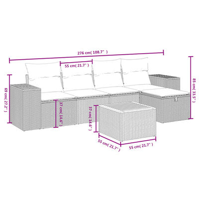 vidaXL 6 pcs conj. sofás jardim c/ almofadões vime PE bege misturado