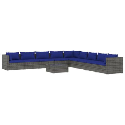 vidaXL 10 pcs conjunto lounge de jardim c/ almofadões vime PE cinzento