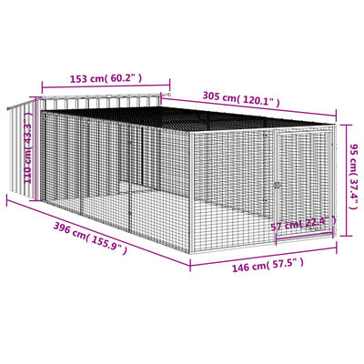 vidaXL Casota p/ cães c/ parque 153x396x110 cm aço galvaniz. antracite