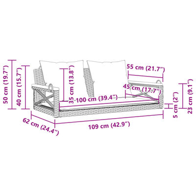 vidaXL Banco baloiço com almofadões 109x62x40 cm vime PE preto