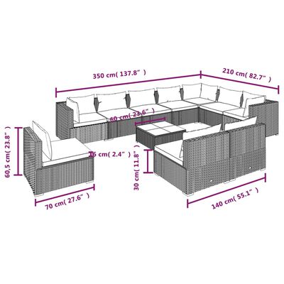 vidaXL 11 pcs conjunto lounge de jardim c/ almofadões vime PE castanho