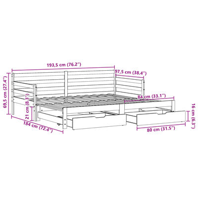 vidaXL Sofá-cama c/ gavetão e gavetas branco 90x190cm madeira de pinho