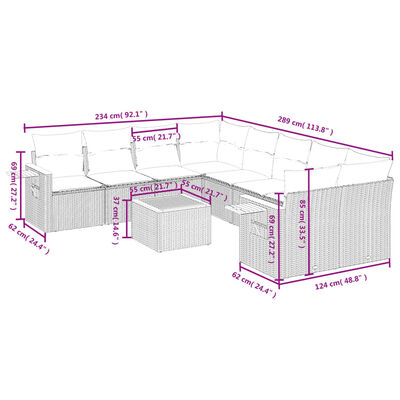 vidaXL 9 pcs conjunto de sofás p/ jardim c/ almofadões vime PE preto