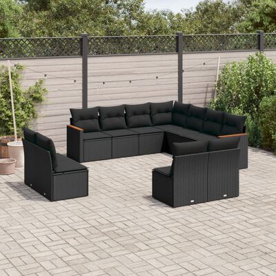 vidaXL 11 pcs conjunto sofás de jardim c/ almofadões vime PE preto