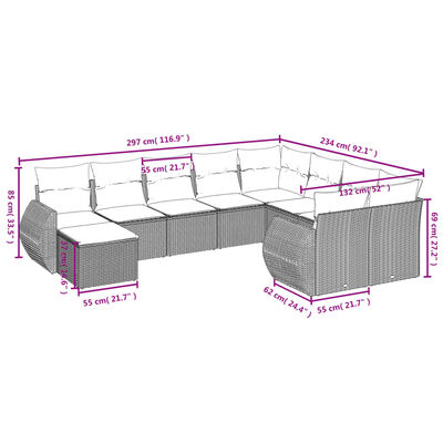 vidaXL 10 pcs conjunto de sofás p/ jardim com almofadões vime PE bege